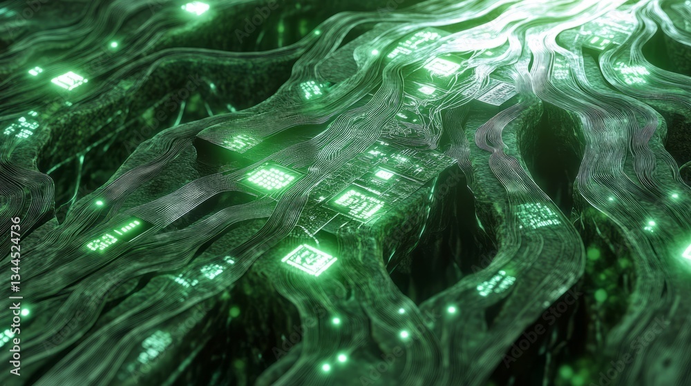 Obraz premium Abstract Green Digital Art Glowing Circuit Board Waves