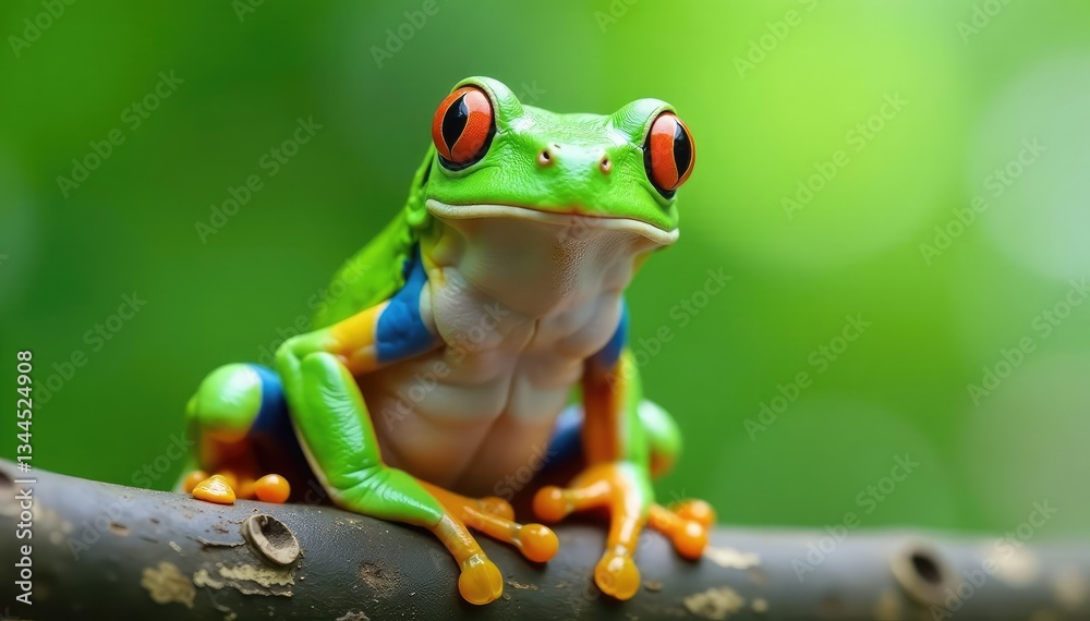 Naklejka premium Green tree frog perched on white, vibrant skin details, green, fauna, isolated