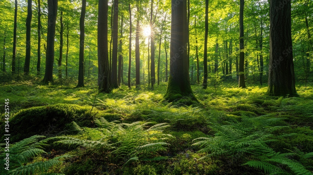 Fototapeta premium Serene Green Forest Landscape with Sunlight Filtering Through Tall Trees and Lush Ferns on the Forest Floor