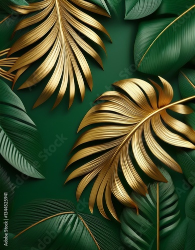 vibrant jungle leaves and golden accents on a dark green background