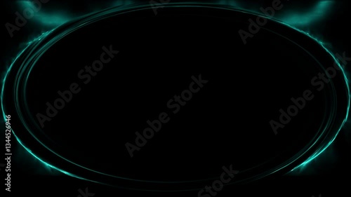 Round with ripple effect, oval, colorful, neon, glowing celadon, green frame, horizontal frame on black background. The effect of moving light. Blank space for your own content.