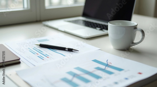 Minimalist Office Desk with Laptop, Coffee Cup, and Business Analytics Documents – Productivity and Work Concept