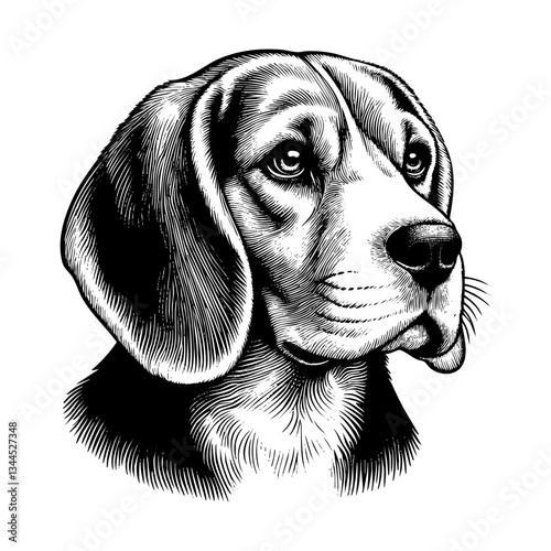 Beagle dog sketch engraving black and white outline. Scratch board imitation.  illustrated in vintage line art style on a white background.