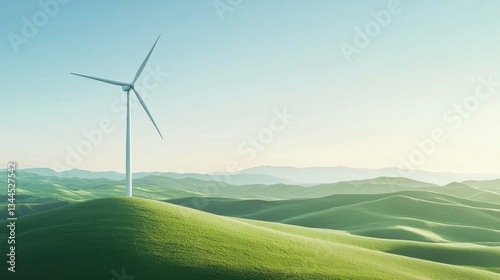 Wind Turbine on Rolling Green Hills Under Clear Blue Sky