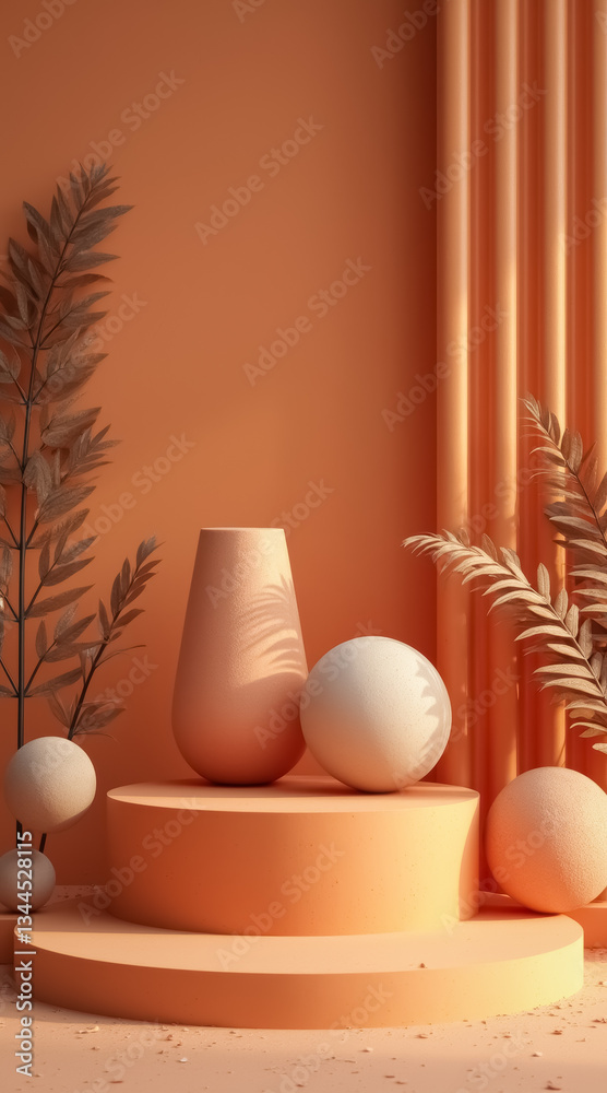 product display featuring three-dimensional spheres and a vase on an pedestal product display featuring three-dimensional spheres and a vase on an pedestal