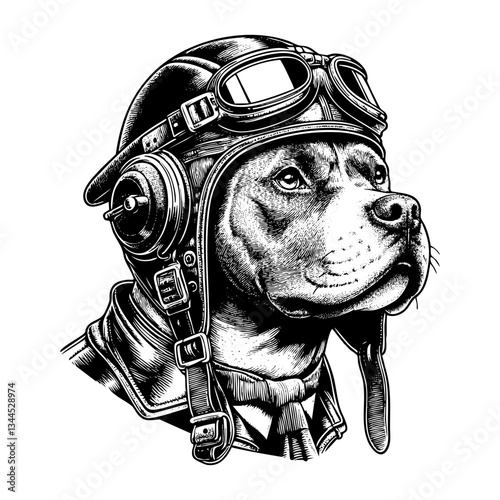 Pitbull dog wears retro pilot helmet engraving black and white outline. Scratch board imitation. illustrated in vintage line art style on a white background.
