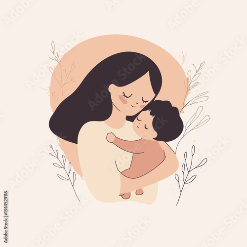 Minimalist Mother’s Day illustration of mother hugging baby

