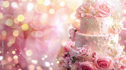 horizontal banner, white three-tiered wedding cake decorated with delicate pink rose flowers and pearls, light background, bokeh effect, copy space, free space for text