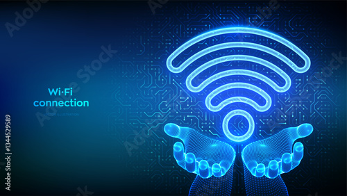 Wi-Fi network. Wi Fi icon in hands. Wlan access, wireless hotspot signal symbol. Mobile connection zone. Router transmission. Circuit board pattern. PCB printed circuit texture. Vector illustration.