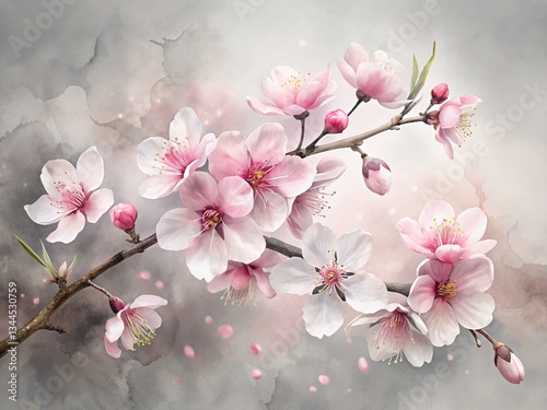 Watercolor Black & White Cherry Blossoms with Pink Ink, Soft Blending, Clipart, Isolated on White Background