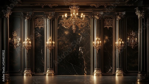 Black and gold luxury backdrop wall with dark marble columns, wall sconces,