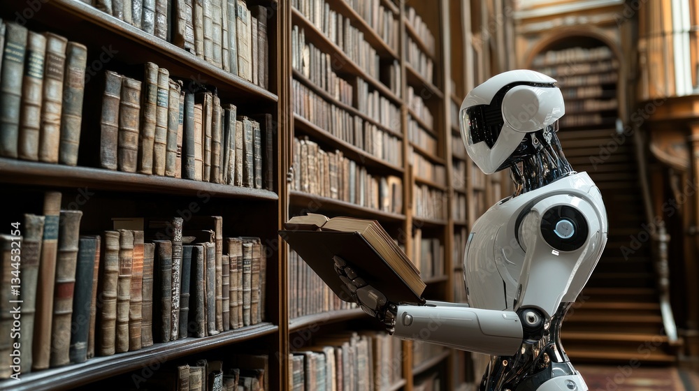 Futuristic library with a robotic assistant holding an antique book for research