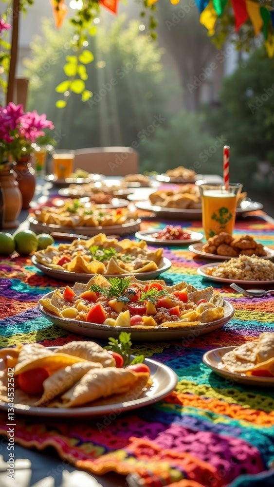 Fototapeta premium Colorful outdoor breakfast spread with fruits and pastries on festive table