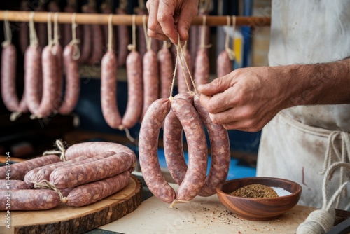 Traditional sausage making practices showcased in a rustic kitchen setting with an artisan preparing links by hand