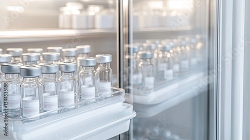 Glass refrigerator filled with neatly arranged medical vials, re