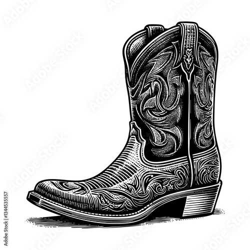 cowboy boot engraving black and white outline. Scratch board imitation. illustrated in vintage line art style on a white background.