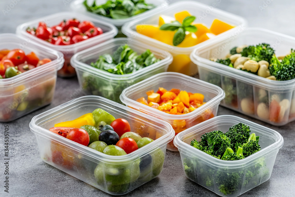 Generative AI image of healthy meal prep containers with vegetables, meat, and assorted side dishes for convenient takeaway lunch Generative AI image of healthy meal prep containers with vegetables, meat, and assorted side dishes for convenient takeaway lunch
