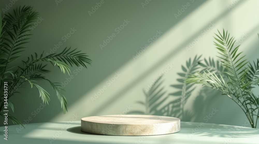 round beige platform with palm leaves and sunlight shadows round beige platform with palm leaves and sunlight shadows
