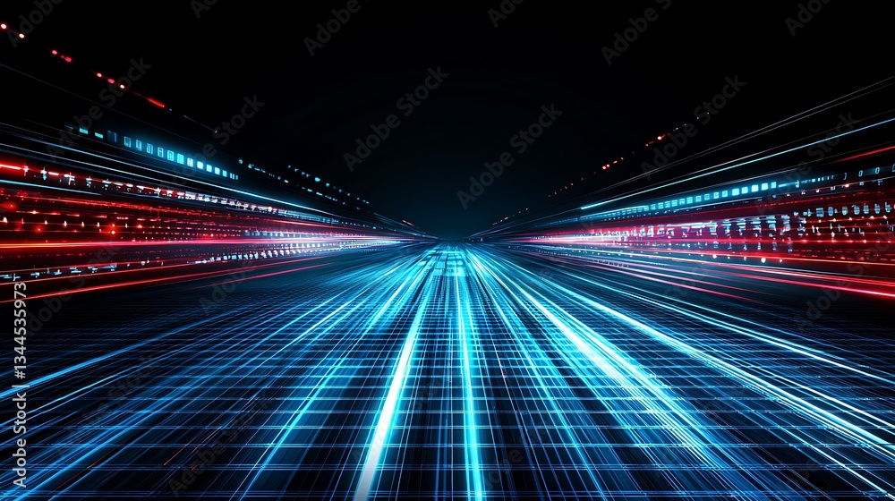 Fototapeta premium Abstract colorful light trails speeding in dark background, for digital art