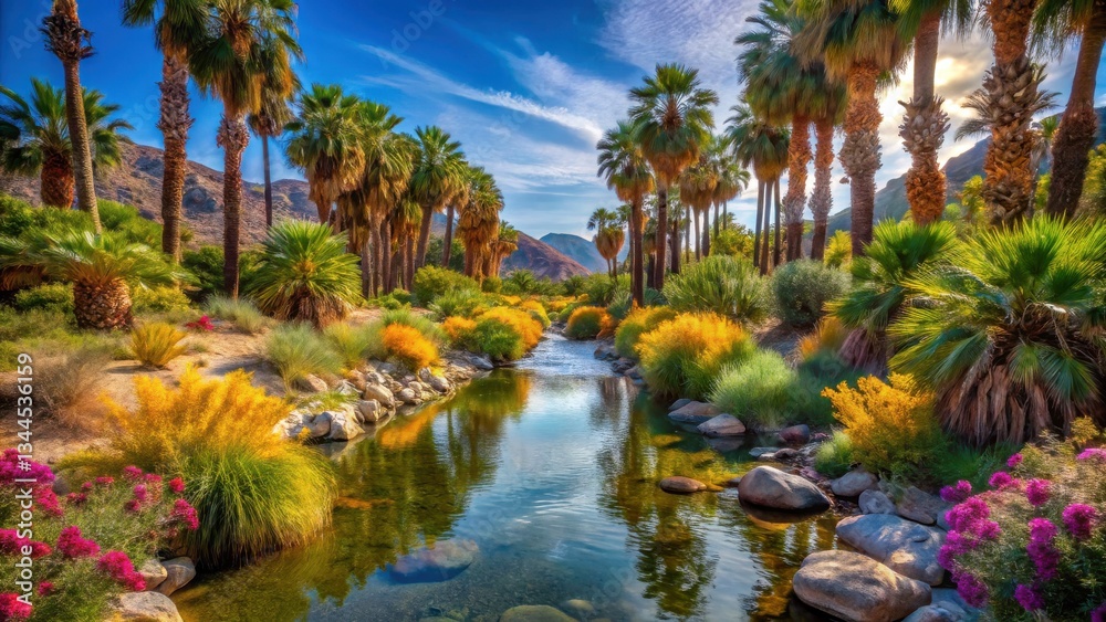 Obraz premium desert oasis Lush landscape featuring palm trees, vibrant flowers, and a tranquil stream under a bright sky.