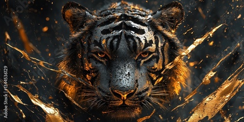 A striking digitally rendered tiger head with metallic gold accents