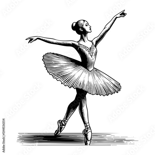 Ballerina girl do ballet sketch engraving black and white outline. Scratch board imitation.