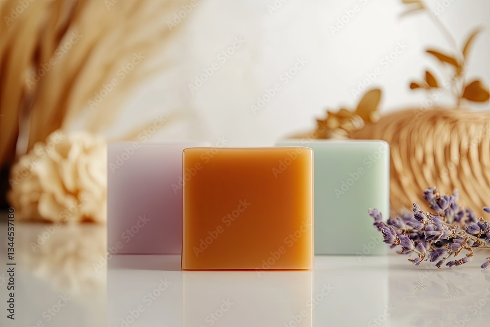 Colorful soap bars arranged elegantly with dried flowers and sof Colorful soap bars arranged elegantly with dried flowers and sof