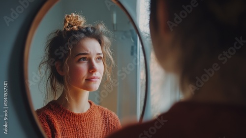 Pensive woman gazes at her reflection in a circular mirror, introspection
