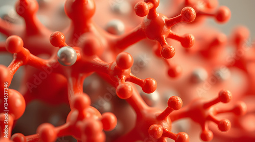 3D rendering of red virus particles, microscopic medical illustration.