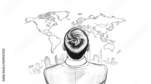 A businessman in a suit views a sketched world map with city skylines.