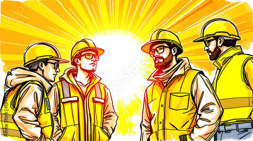 Construction workers in safety gear stand together under bright sunshine in a vibrant illustration.