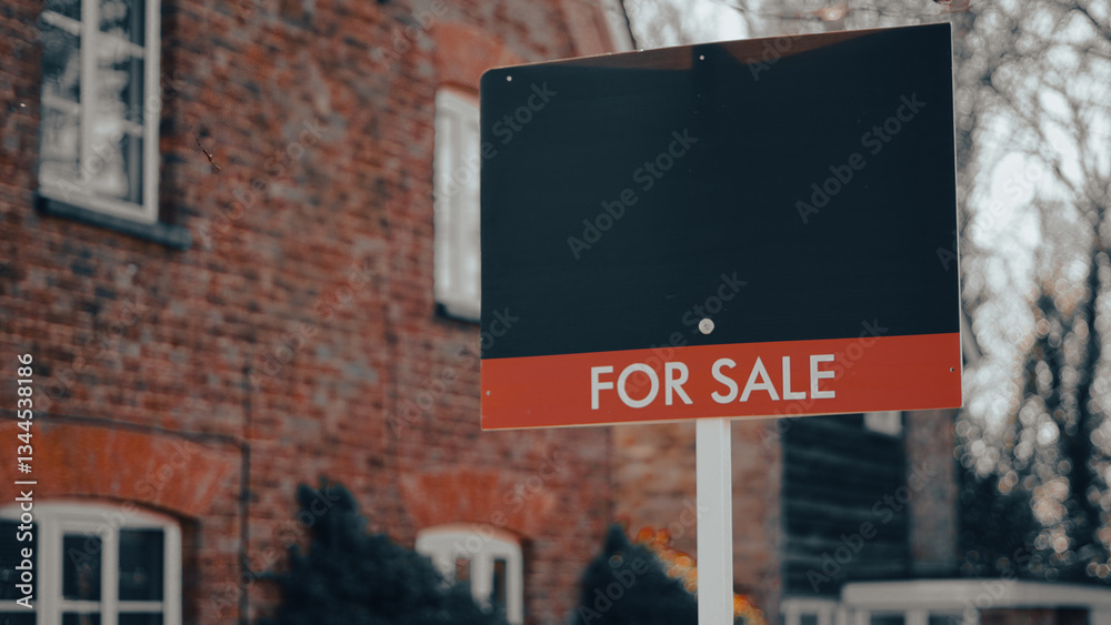 Obraz premium for sale sign placed in front of a traditional English house, symbolizing real estate opportunities