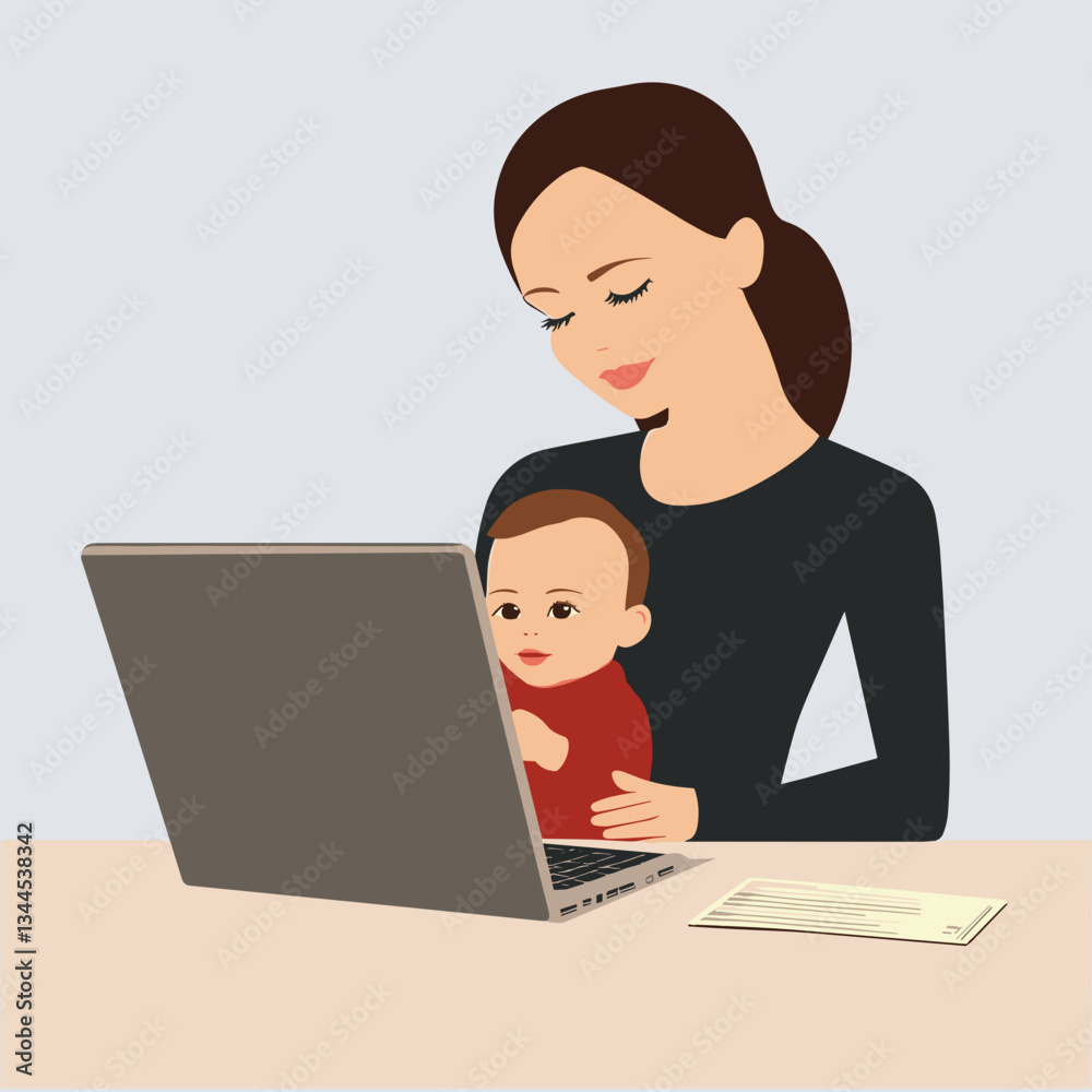 Mother working on laptop while holding baby illustration
Mother working on laptop while holding baby illustration