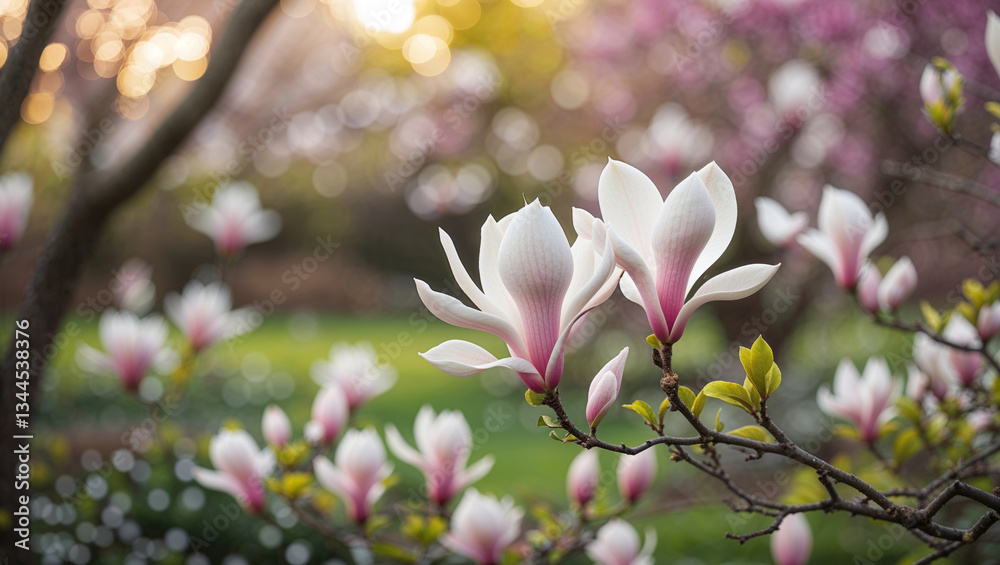 Fototapeta premium Two elegant magnolia flowers in full bloom create a soft and romantic springtime scene.