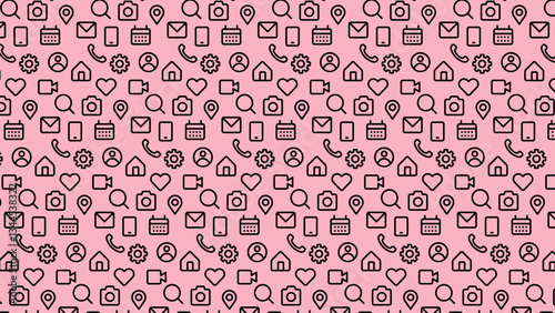 Seamless pattern of social media and communication icons on a pink background. Vector illustration featuring minimalistic black outline icons such as messages, hearts, cameras, phones, and settings. 