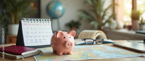 pink piggy bank on a world map: saving for travel