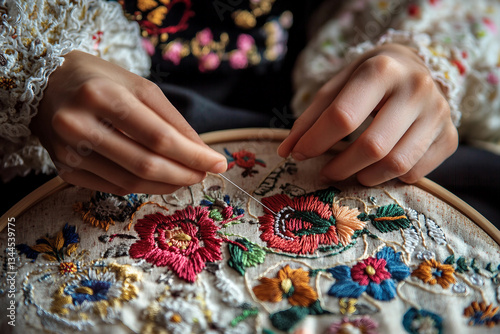 Artisan Weaving Traditional Handcrafted Embroidery Textile With Needlework In Cultural Art Generative AI