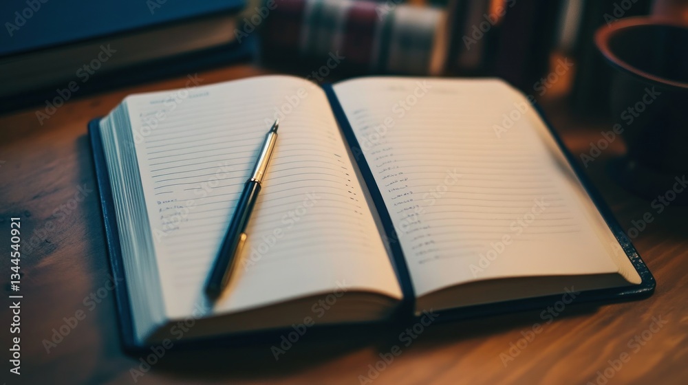 Open journal with pen, ready for personal thoughts and journaling on wooden surface Open journal with pen, ready for personal thoughts and journaling on wooden surface