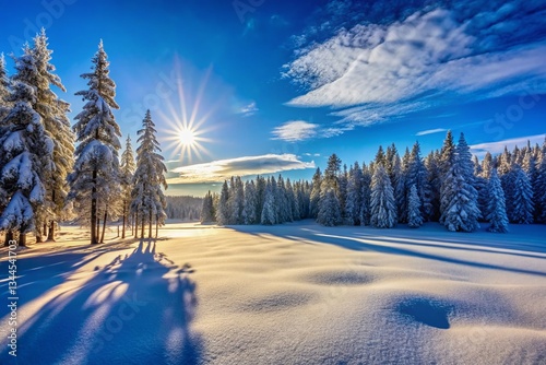 Winter Wonderland Double Exposure: Snowy Plain, Forest, & Blue Sky