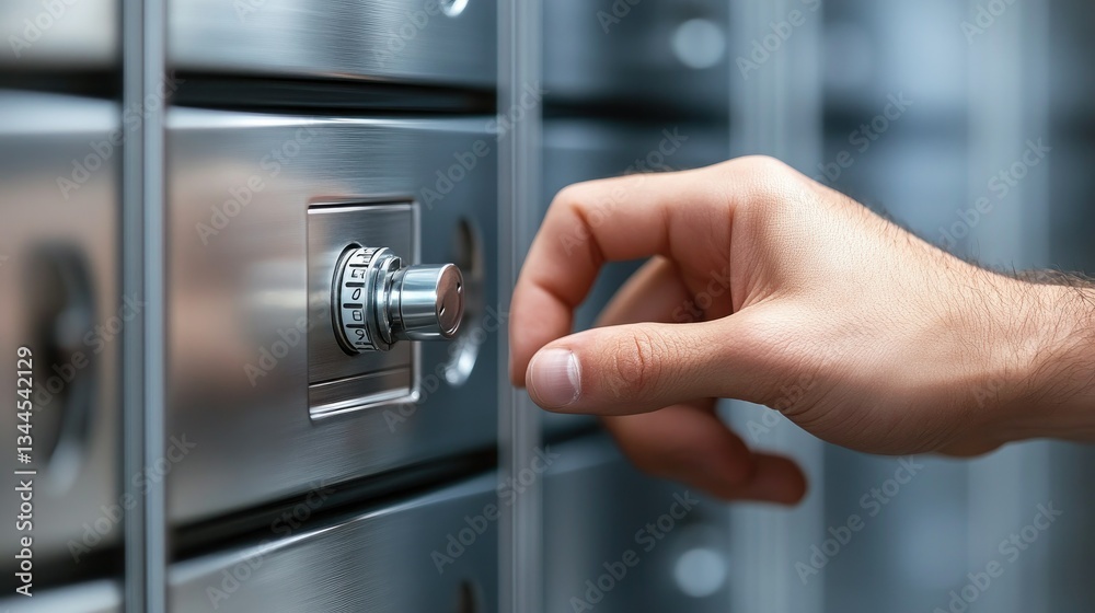 Close-up of a hand unlocking a combination lock on a metallic locker, focusing on security and personal storage concepts Close-up of a hand unlocking a combination lock on a metallic locker, focusing on security and personal storage concepts