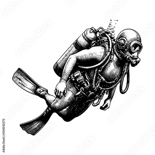 Scuba diving sketch engraving black and white outline. Scratch board imitation.