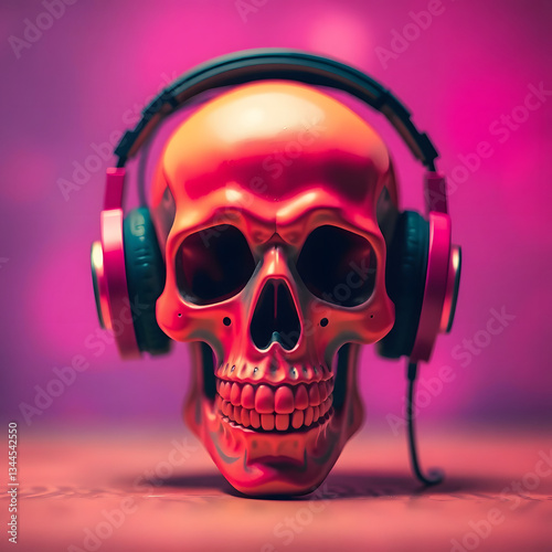 A neon skull with headphones on a vibrant, colorful background.