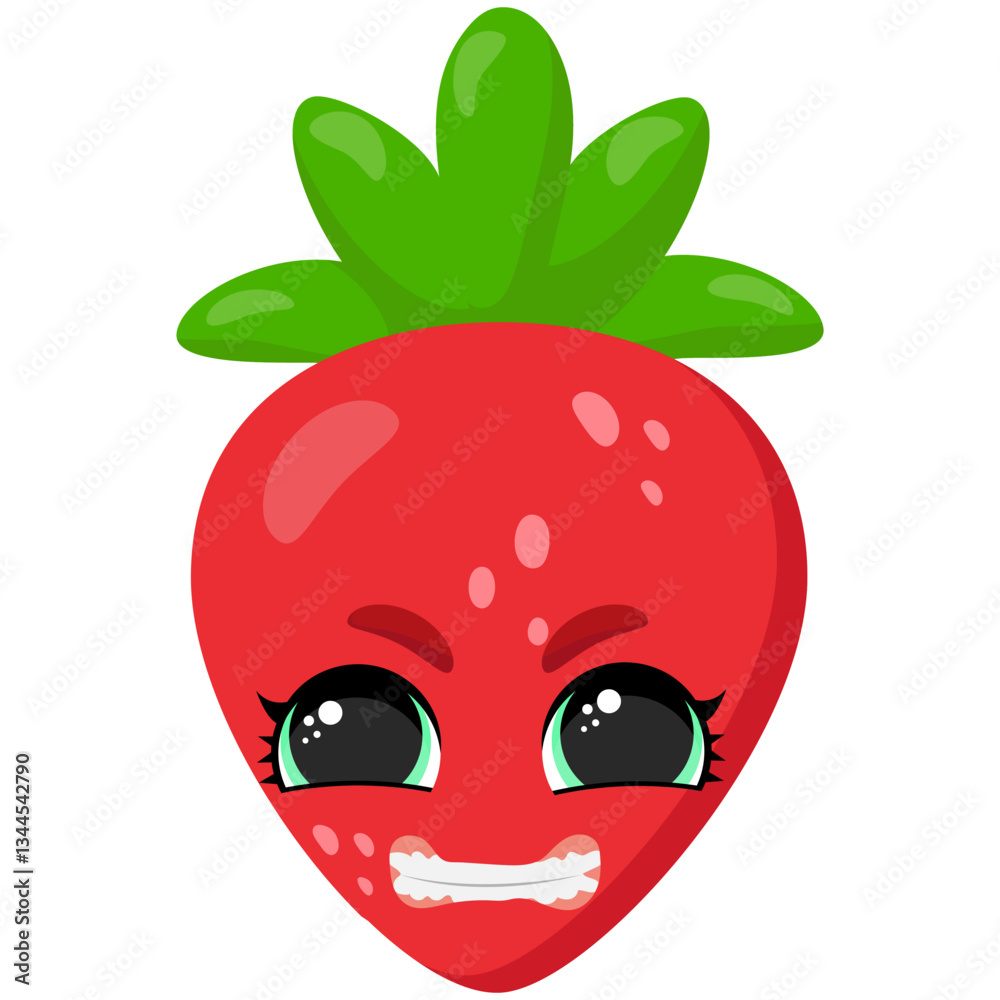 Obraz premium Funny strawberry with a playful facial expression and big expressive eyes. A creative fruit character perfect for stickers, kids' illustrations, food packaging, and fun digital art
