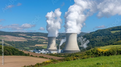 Two cooling towers emit steam against a blue sky, surrounded by rolling hills and green fields, representing energy production and industrial infrastructure.