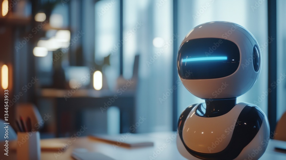 Friendly futuristic assistant, a robot standing attentively in an ambient workspace Friendly futuristic assistant, a robot standing attentively in an ambient workspace