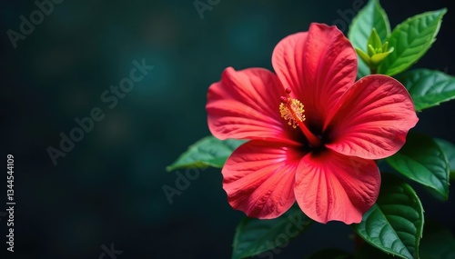 Bold hibiscus print, large-scale blooms, dark green foliage , vivid, Hibiscus
