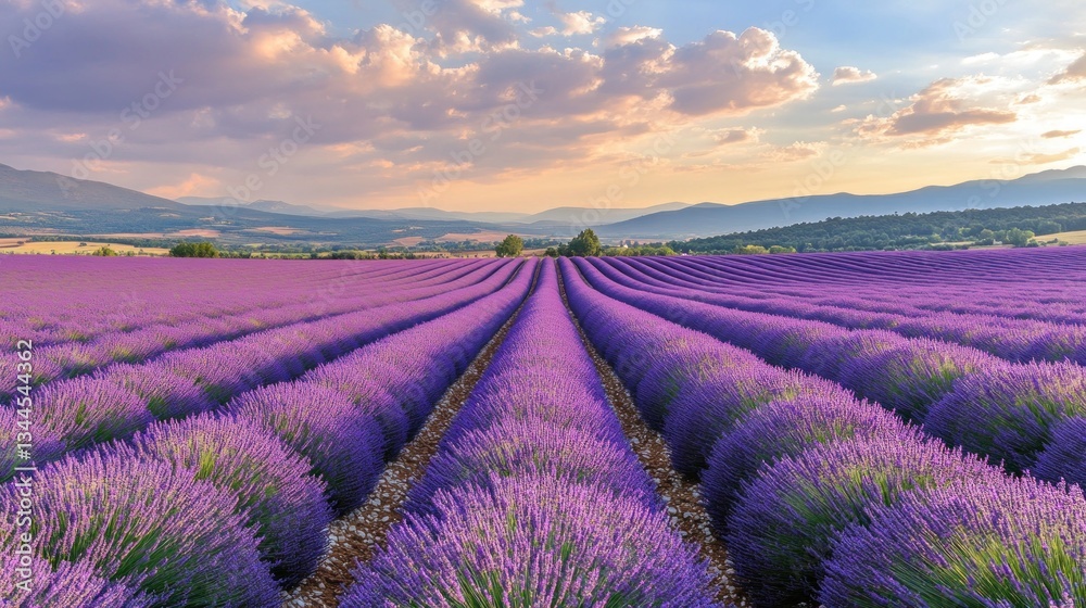 Breathtaking vista of lavender fields at dusk stretching to distant mountains Breathtaking vista of lavender fields at dusk stretching to distant mountains