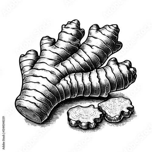Ginger root sketch engraving black and white outline. Scratch board imitation.
