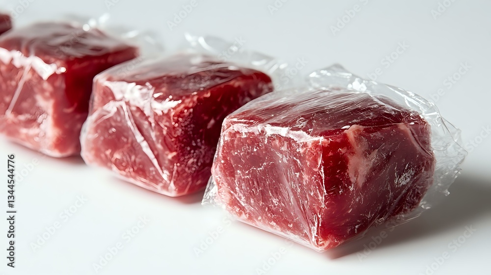 Fototapeta premium Fresh raw beef chunks individually wrapped in clear plastic, arranged in row showing marbling and deep red meat color on white surface for food industry and retail.