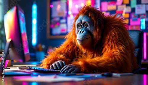 Orangutan Working on Computer Neon Lights photo